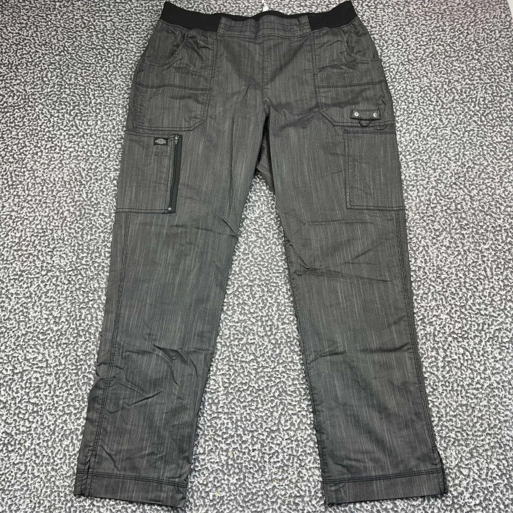 Dickies Cargo Pants Women XL Grey Pinstripe Elastic Waist Stretch Pockets